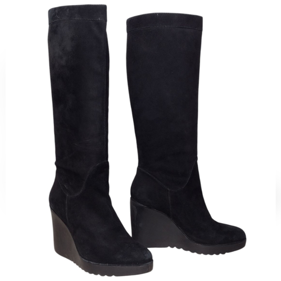 Donald J. Pliner Iliya Black Suede Pull On Tall Wedge Heeled Boots Sz 7.5 - Picture 1 of 16